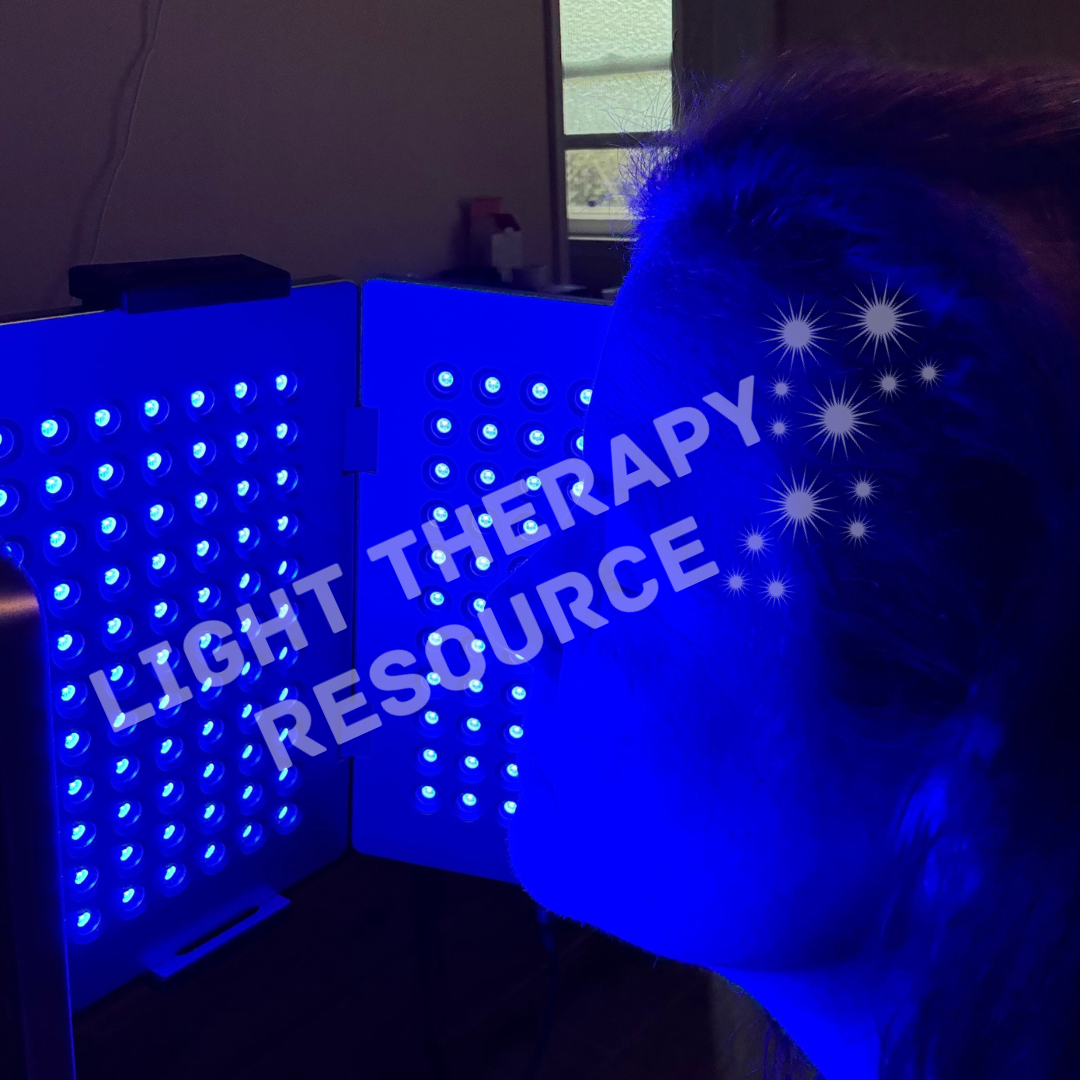 Person using a light therapy device with 'Light Therapy Resource' text overlay.