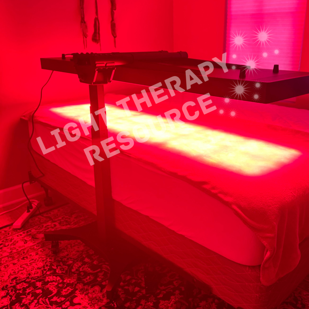 Image of a large Light Therapy Resource red and infrared light therrapy panel mounted on an electronic stand
