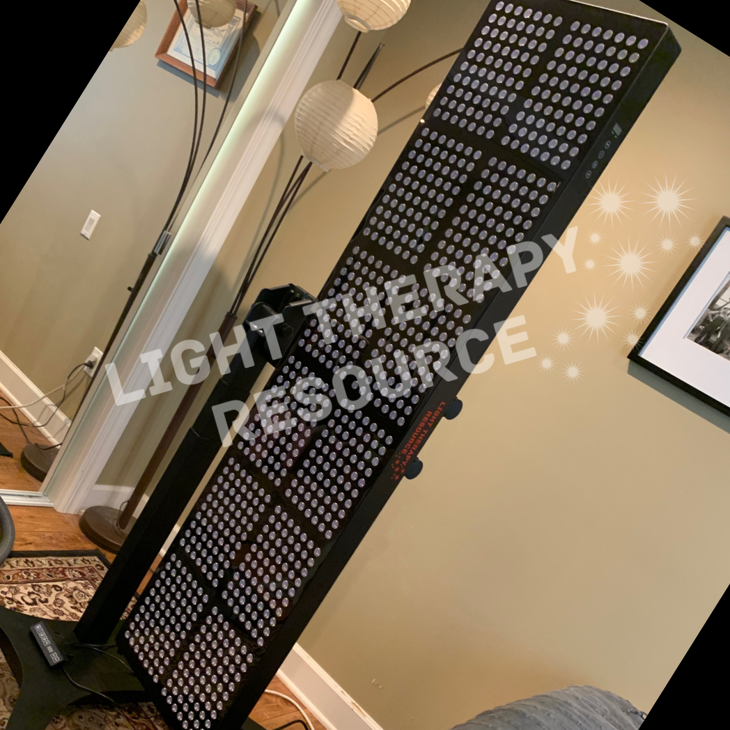 Image of a large Light Therapy Resource red and infrared light therrapy panel mounted on an electronic stand