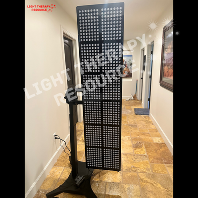 Image of a large Light Therapy Resource red and infrared light therrapy panel mounted on an electronic stand
