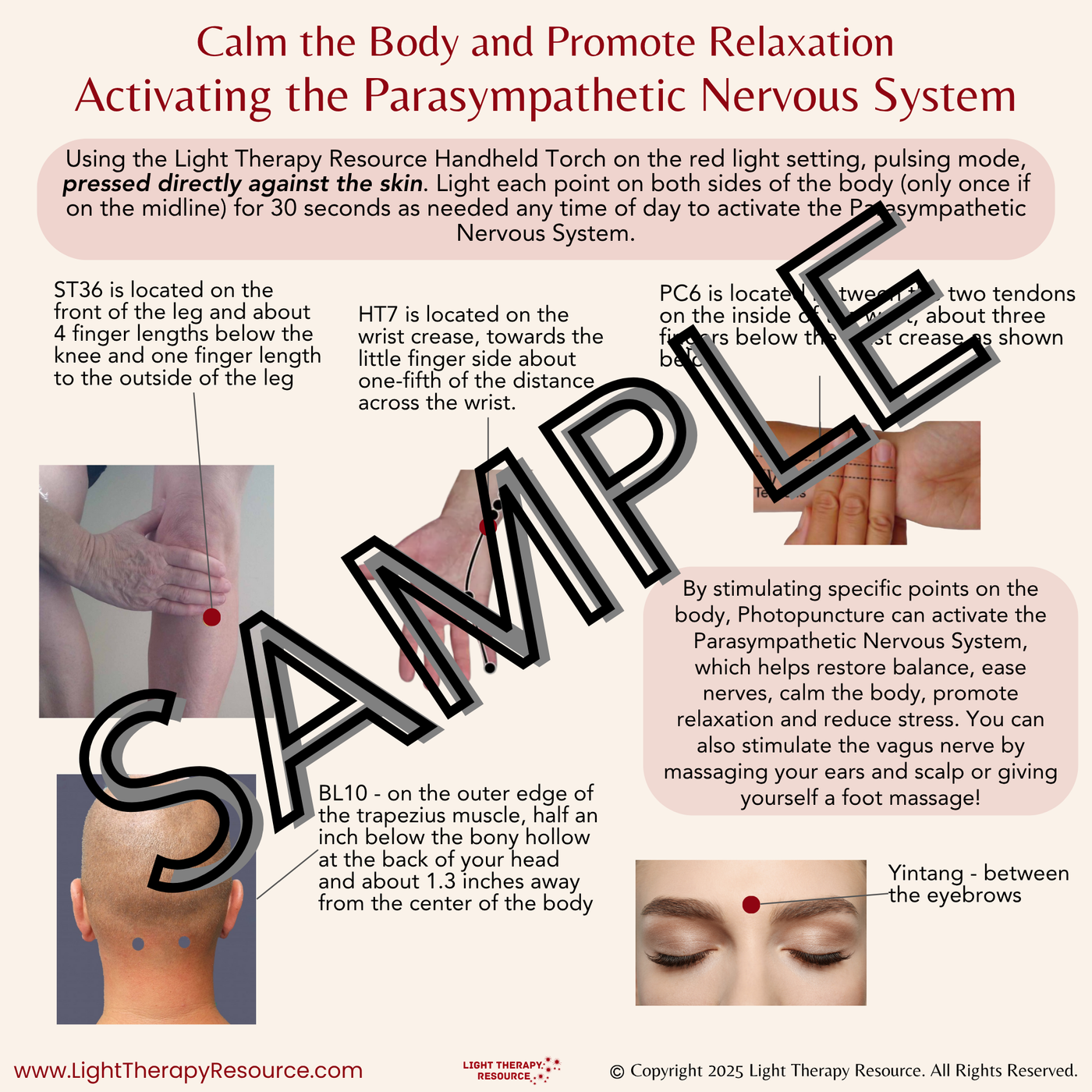 Sample of a Photopuncture Chart showing how to use targeted red light therapy on the body in a variety of ways.