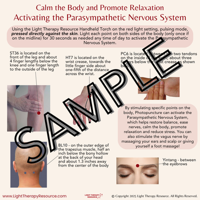 Sample of a Photopuncture Chart showing how to use targeted red light therapy on the body in a variety of ways.